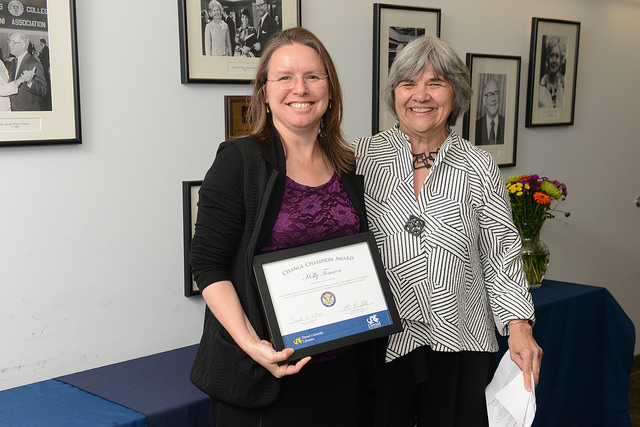 Danuta A. Nitecki, Dean of Libraries, presents an award to Holly Tomren during the 2017 Library Celebration Awards event